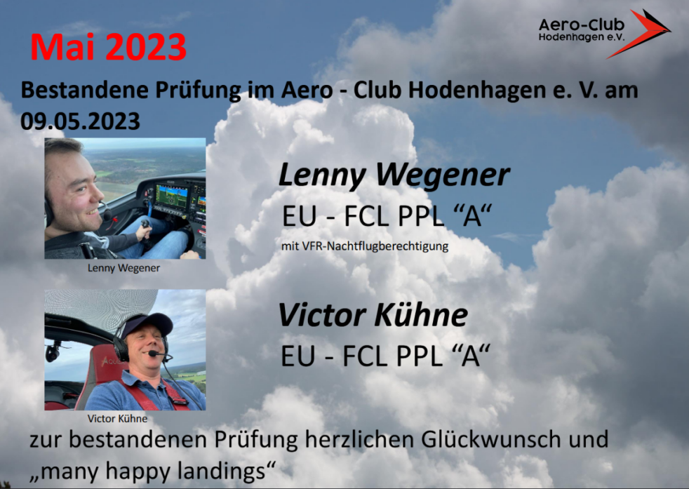 Zwei neue bestandenen Pilotenprüfungen Aero Club Hodenhagen